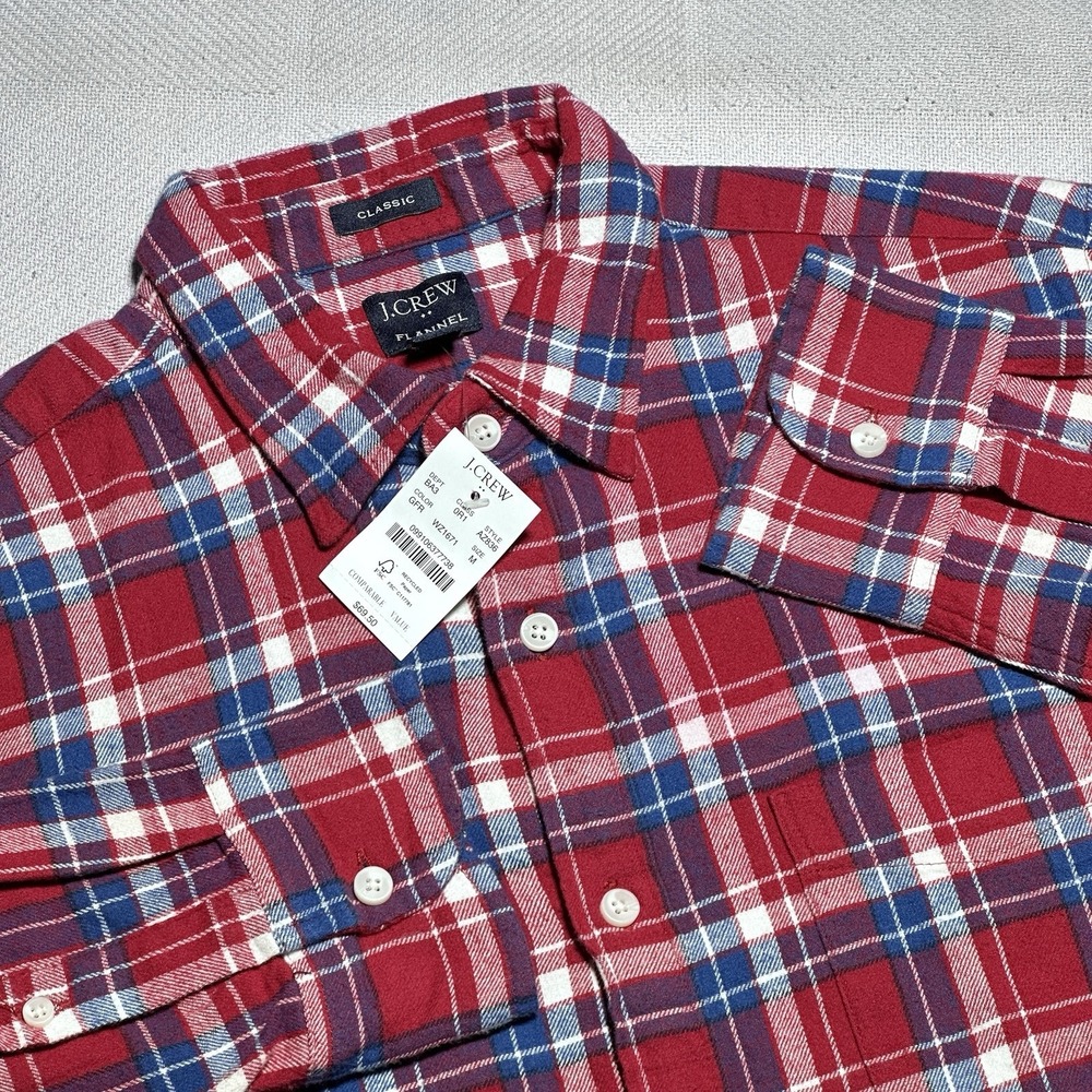 NEW J Crew Flannel Button Up Shirt Mens Medium Red‎ Plaid Cotton Classic Fit NWT